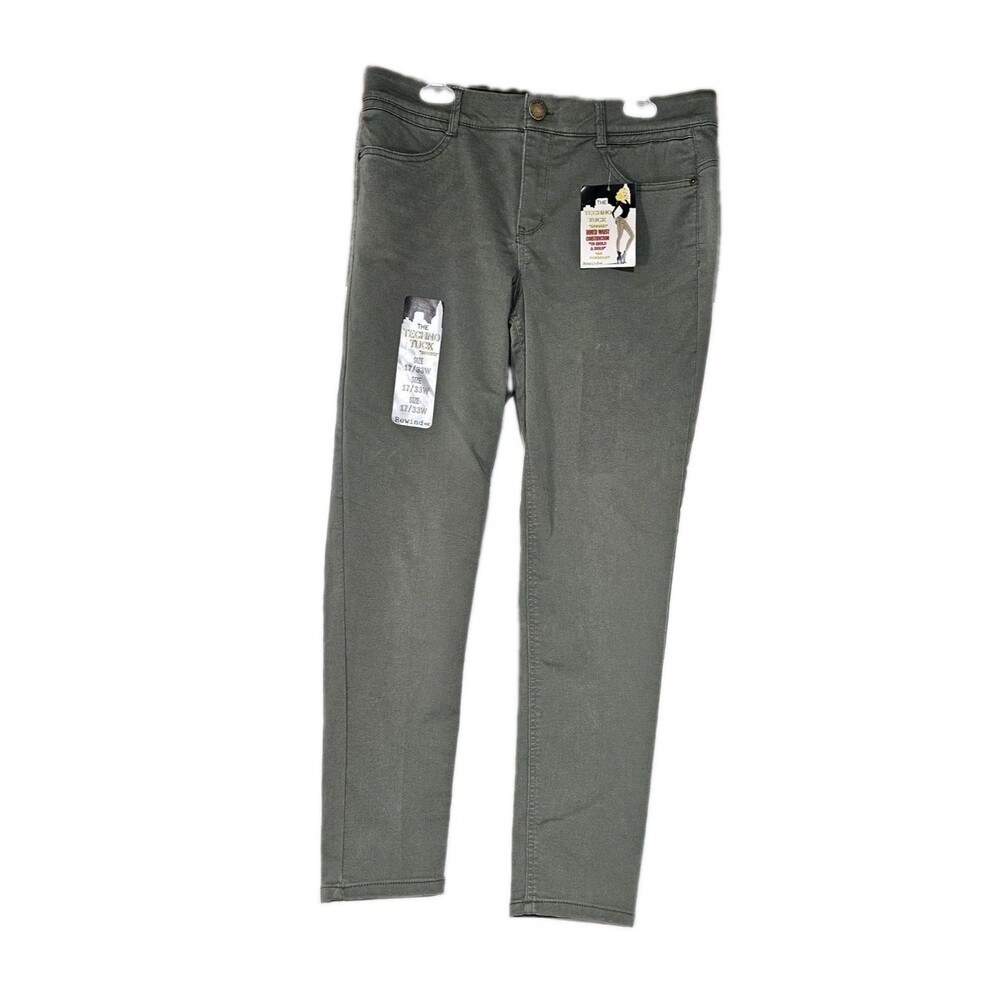NWT Rewind The Techno Tuck Mid Rise Skinny Pants Jeans Olive Green 17 33W Plus - Picture 2 of 10